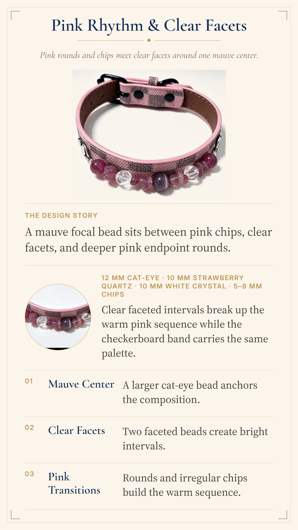 Strawberry Quartz Crystal Pet Collar – Pink Checkered Style | Clear Quartz & Cat’s Eye Glass