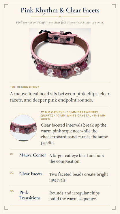 Strawberry Quartz Crystal Pet Collar – Pink Checkered Style | Clear Quartz & Cat’s Eye Glass