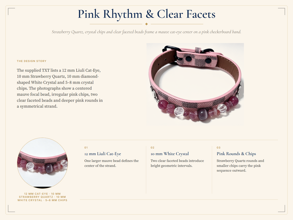 Strawberry Quartz Crystal Pet Collar – Pink Checkered Style | Clear Quartz & Cat’s Eye Glass