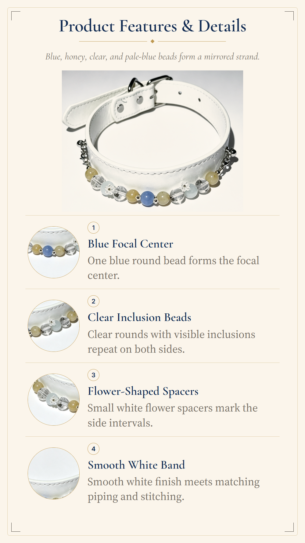 Aquamarine Crystal Pet Collar – White Smooth Style | Agate & Green Phantom Quartz
