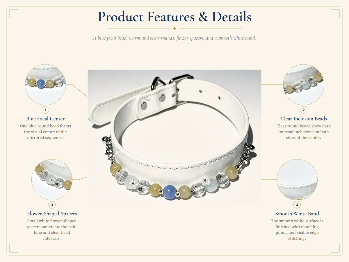 Aquamarine Crystal Pet Collar – White Smooth Style | Agate & Green Phantom Quartz