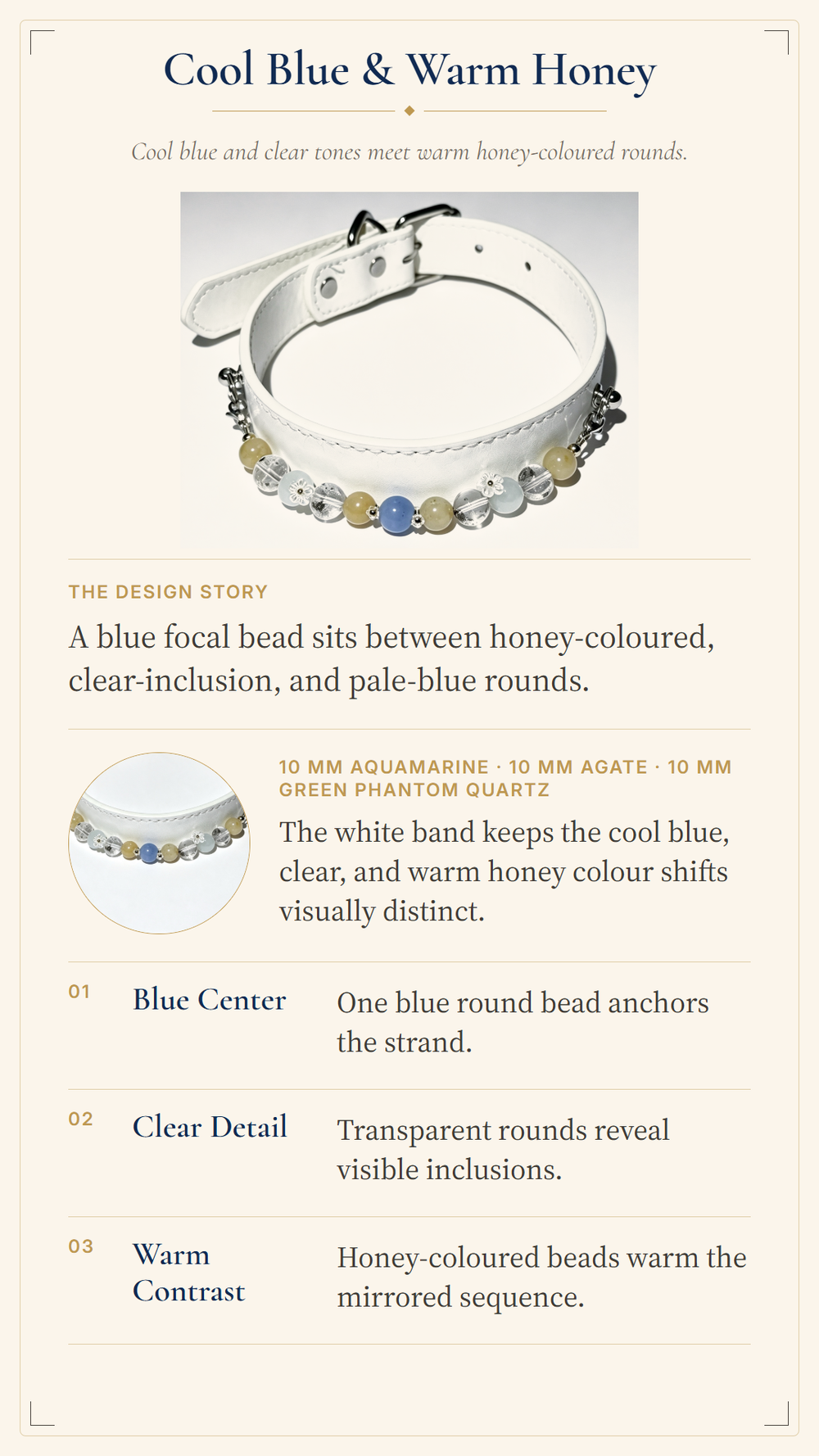 Aquamarine Crystal Pet Collar – White Smooth Style | Agate & Green Phantom Quartz