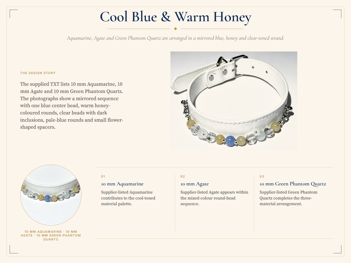 Aquamarine Crystal Pet Collar – White Smooth Style | Agate & Green Phantom Quartz