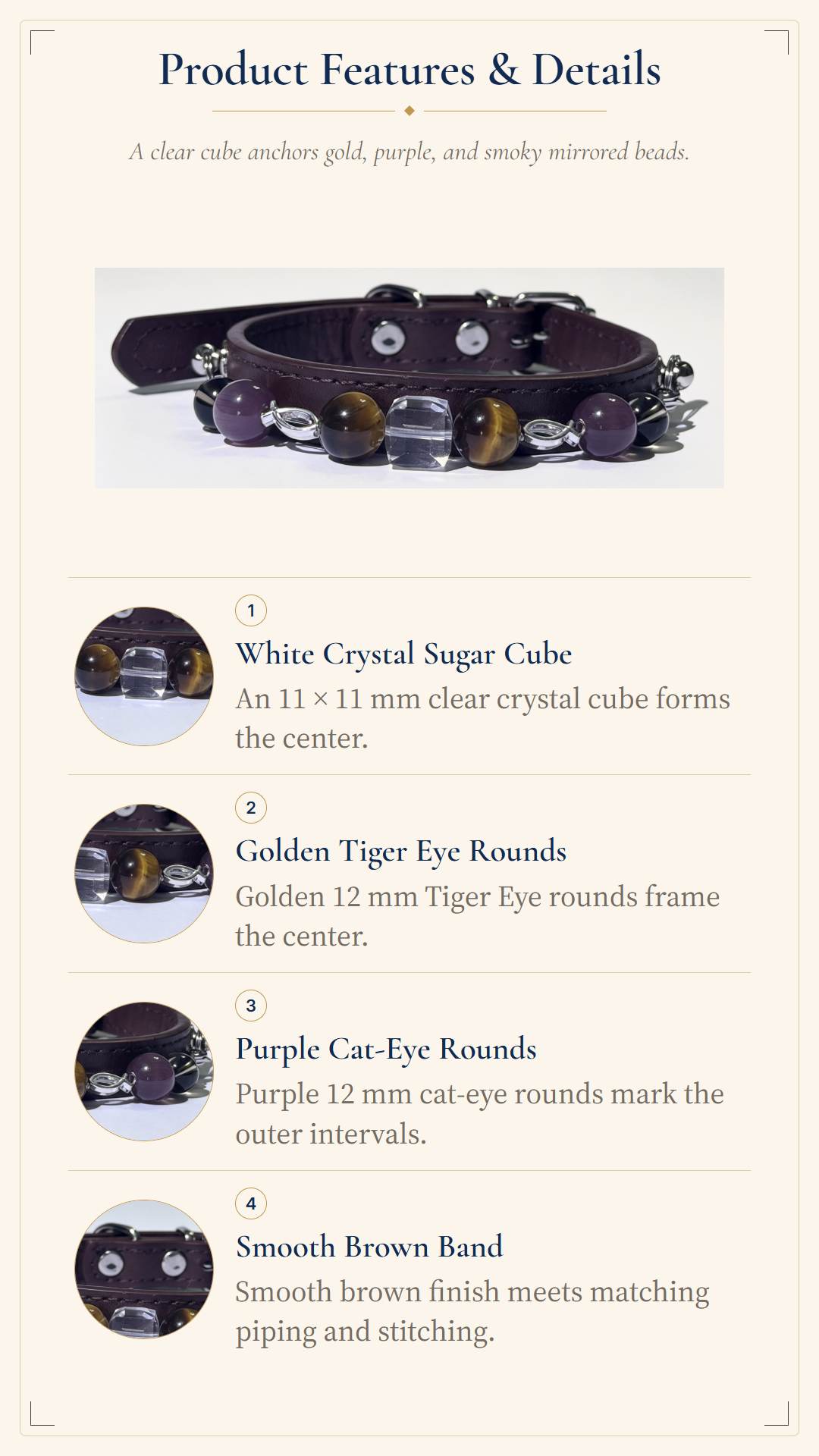 Tiger's Eye Crystal Pet Collar – Smooth Style | Cat-Eye Glass & Clear Quartz