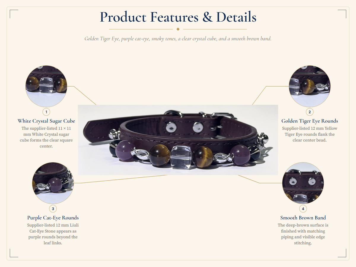 Tiger's Eye Crystal Pet Collar – Smooth Style | Cat-Eye Glass & Clear Quartz