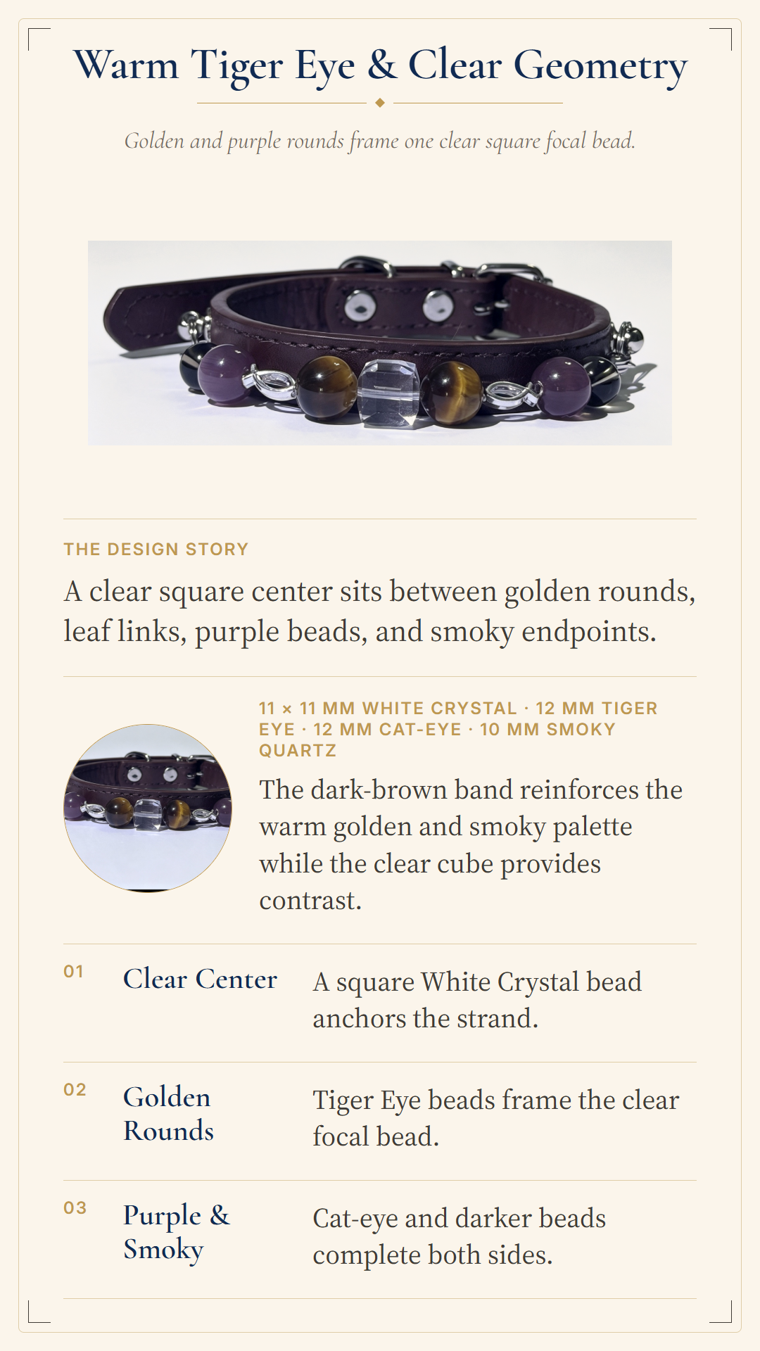 Tiger's Eye Crystal Pet Collar – Smooth Style | Cat-Eye Glass & Clear Quartz