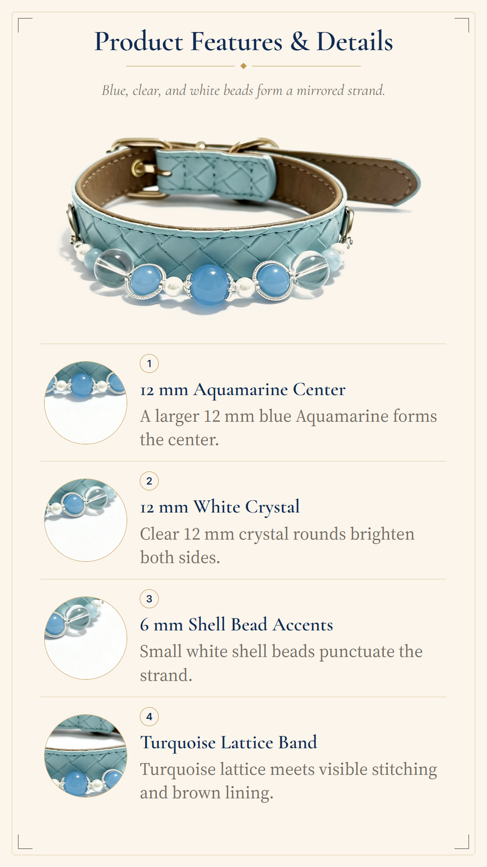 Aquamarine Crystal Pet Collar – Light Blue Diamond Style | Clear Quartz & Shell Beads