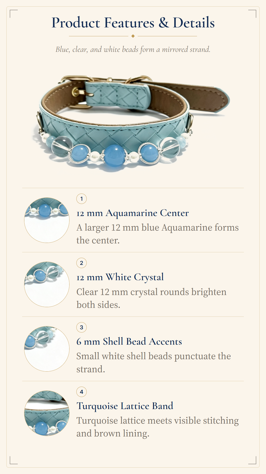 Aquamarine Crystal Pet Collar – Light Blue Diamond Style | Clear Quartz & Shell Beads