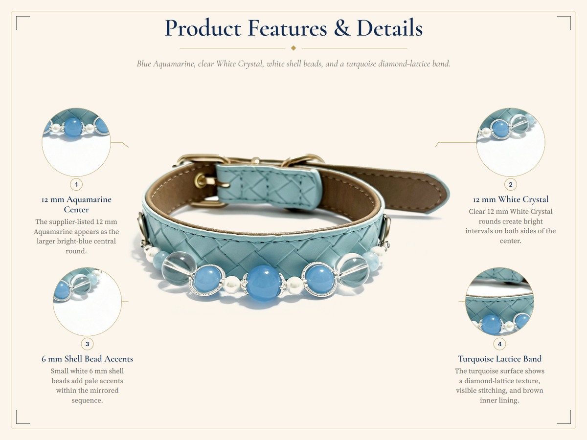 Aquamarine Crystal Pet Collar – Light Blue Diamond Style | Clear Quartz & Shell Beads