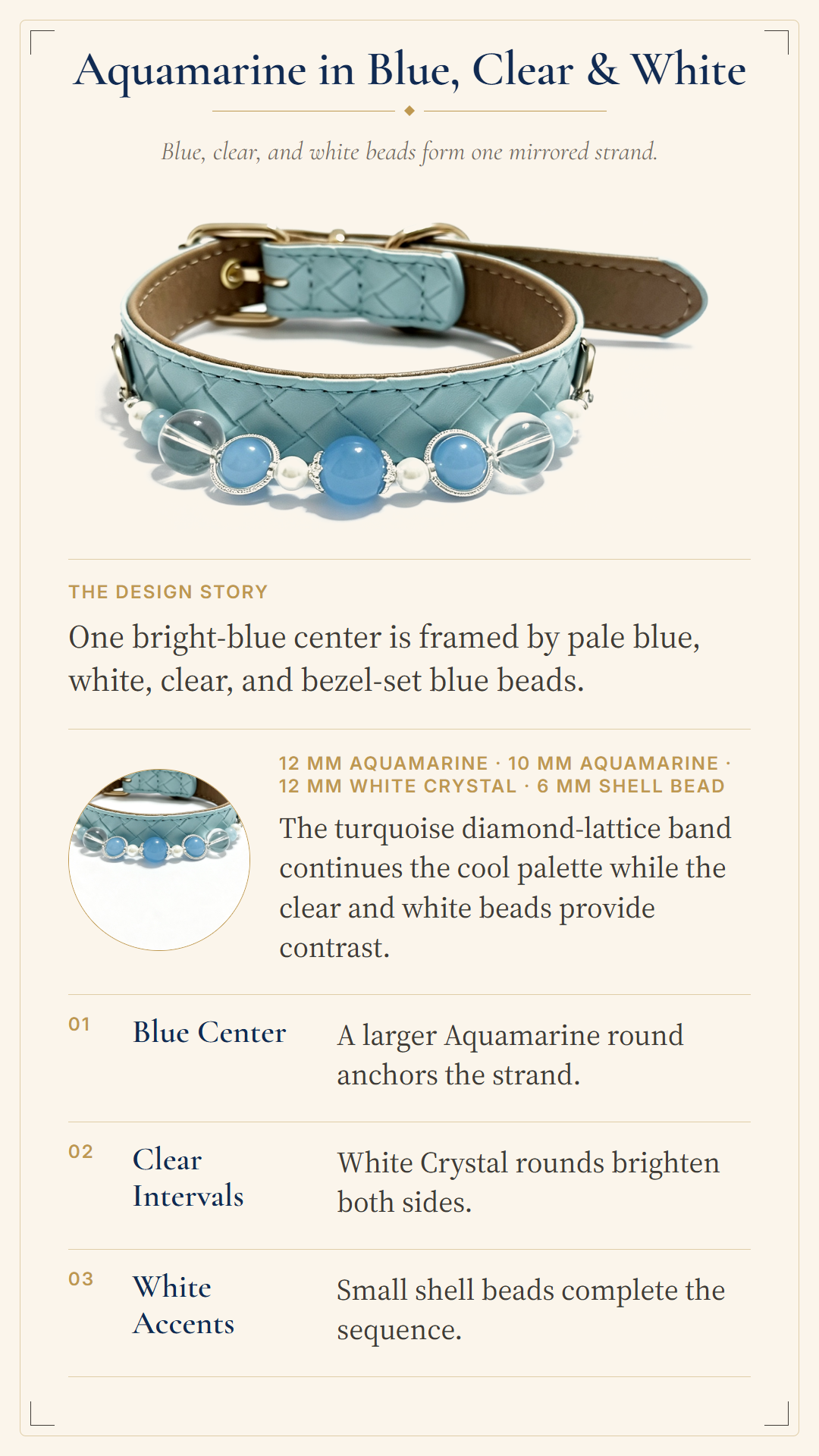 Aquamarine Crystal Pet Collar – Light Blue Diamond Style | Clear Quartz & Shell Beads