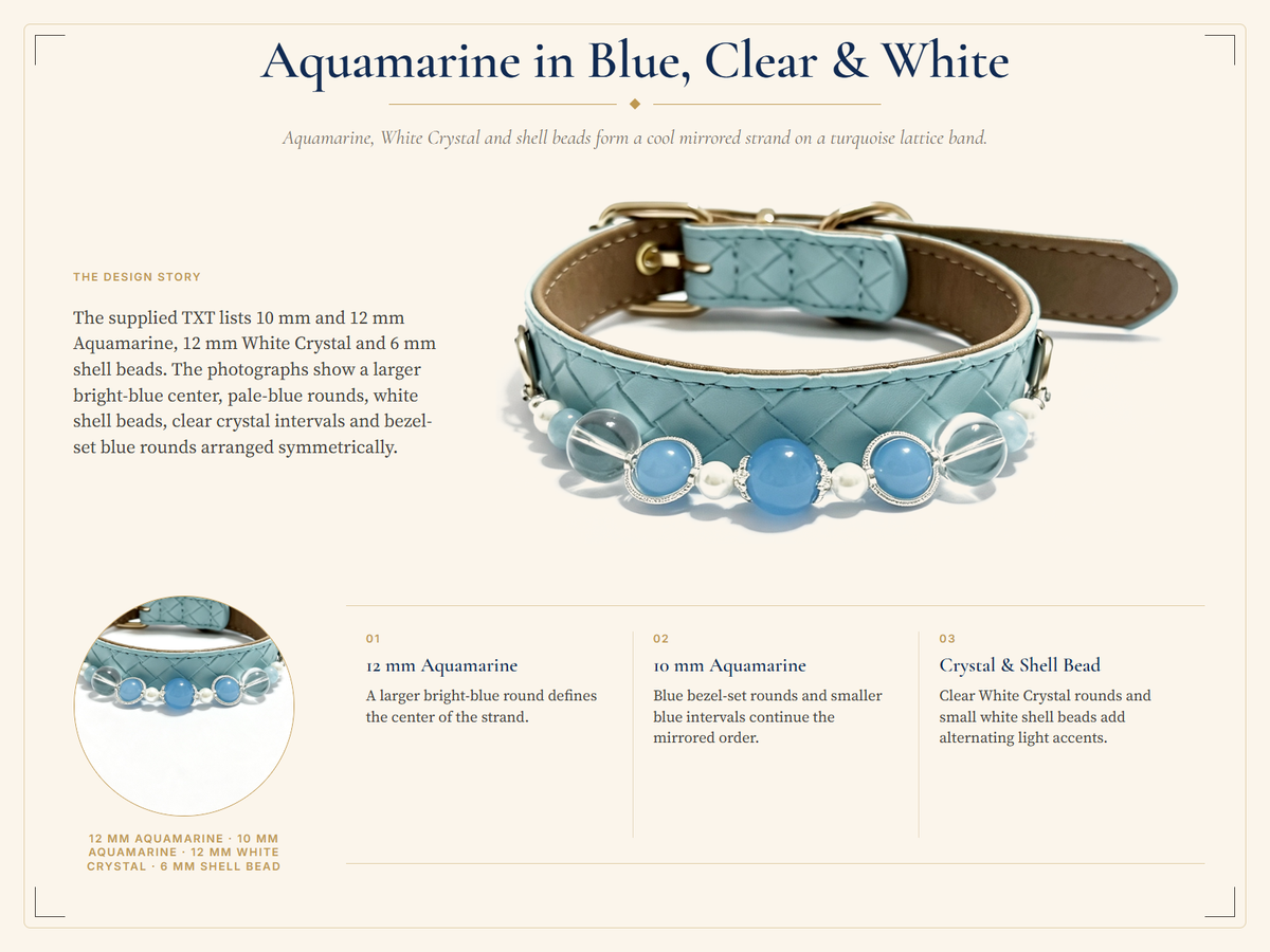 Aquamarine Crystal Pet Collar – Light Blue Diamond Style | Clear Quartz & Shell Beads