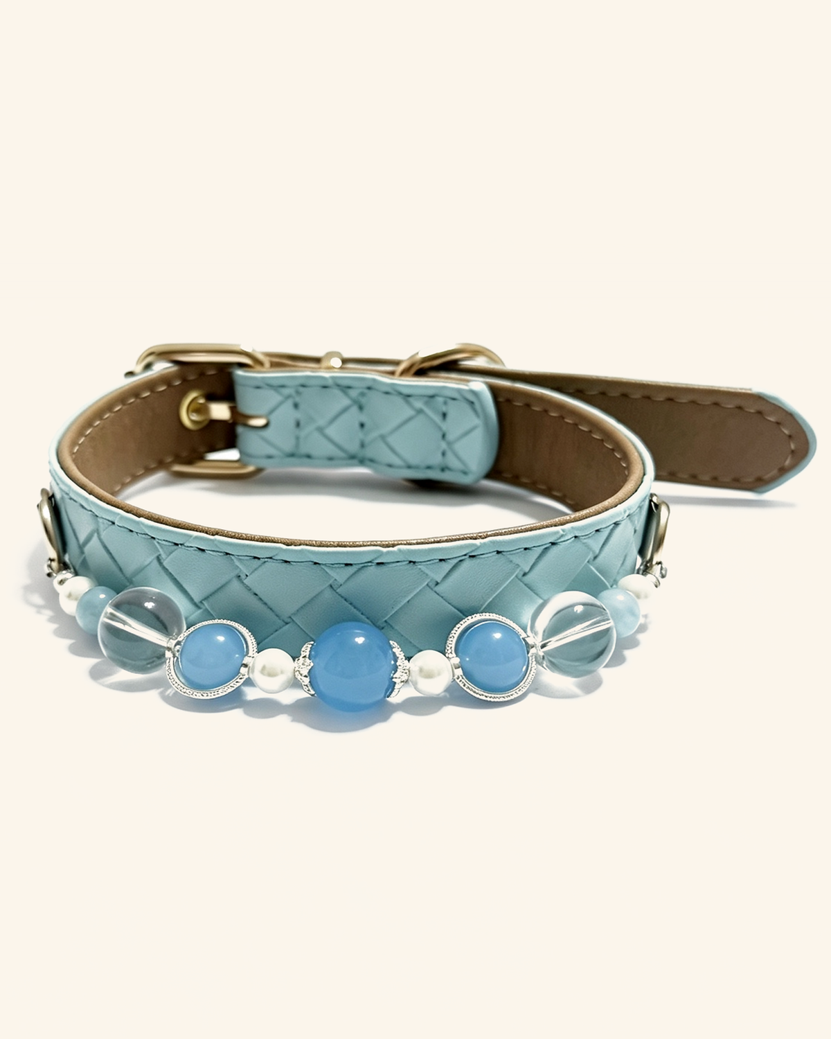 Aquamarine Crystal Pet Collar – Light Blue Diamond Style | Clear Quartz & Shell Beads