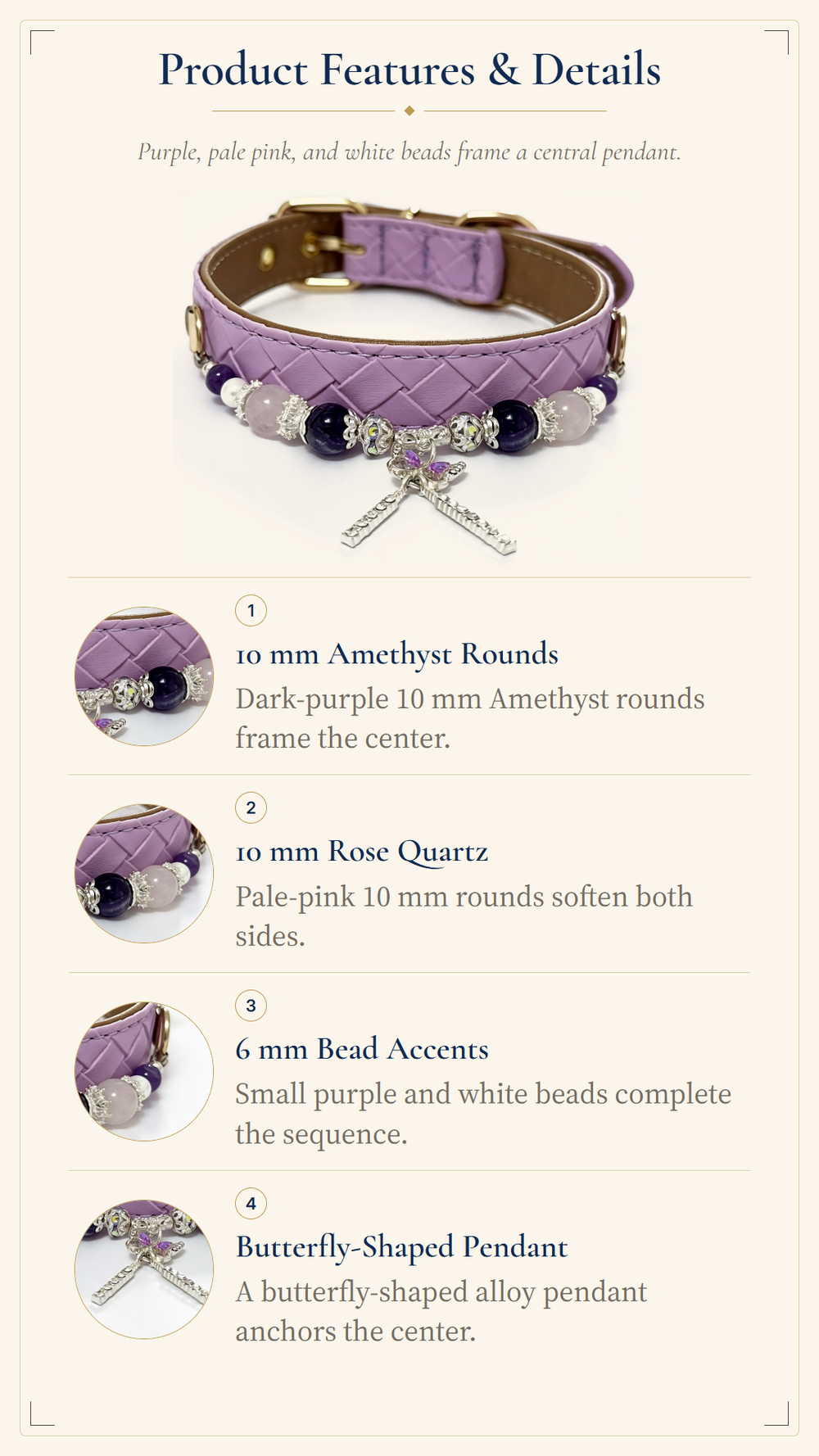 Amethyst & Rose Quartz Crystal Pet Collar – Lavender Woven Style | Shell Beads & Charm