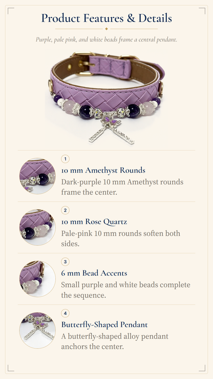 Amethyst & Rose Quartz Crystal Pet Collar – Lavender Woven Style | Shell Beads & Charm