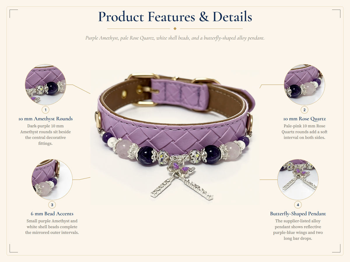 Amethyst & Rose Quartz Crystal Pet Collar – Lavender Woven Style | Shell Beads & Charm