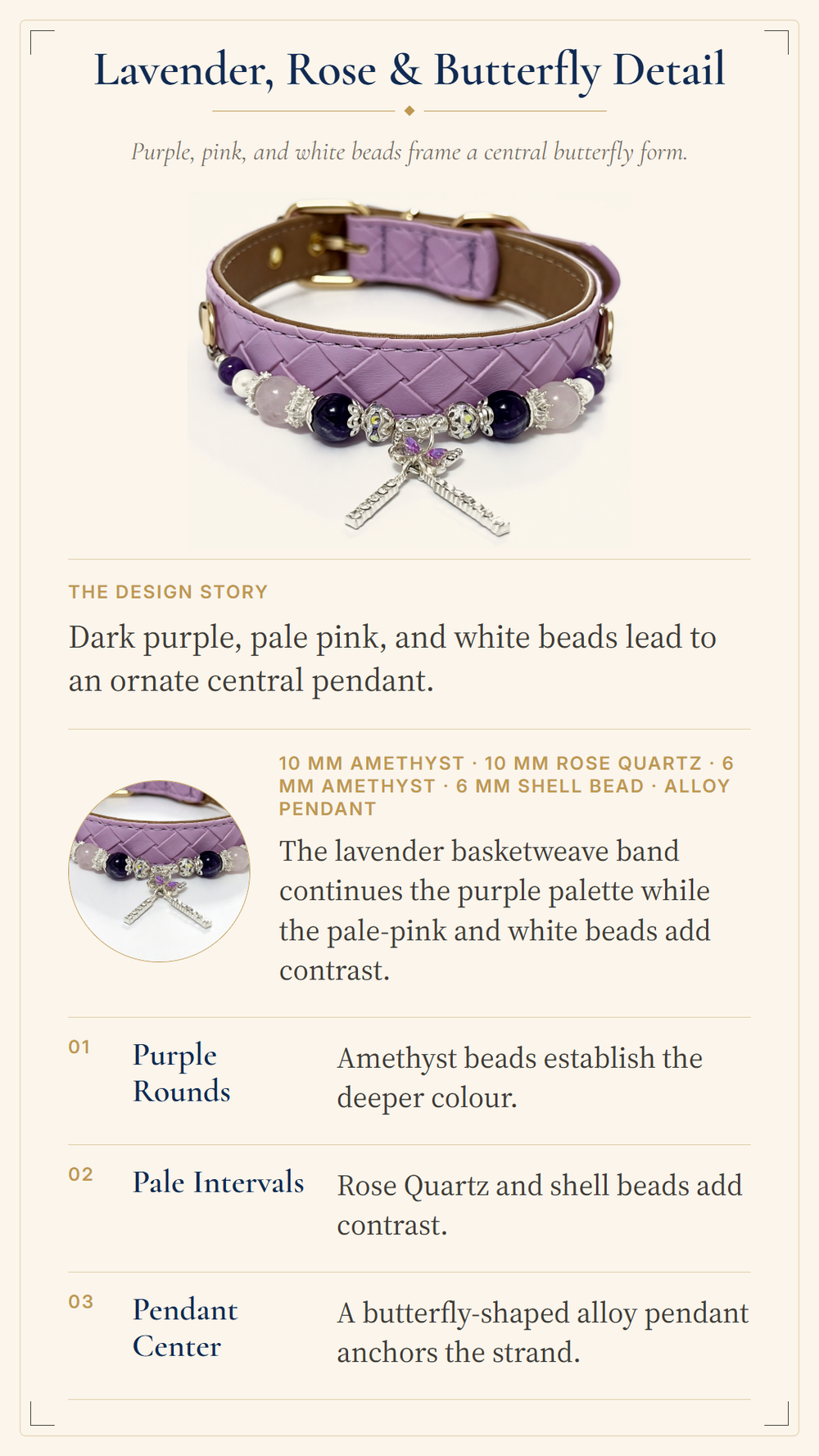Amethyst & Rose Quartz Crystal Pet Collar – Lavender Woven Style | Shell Beads & Charm