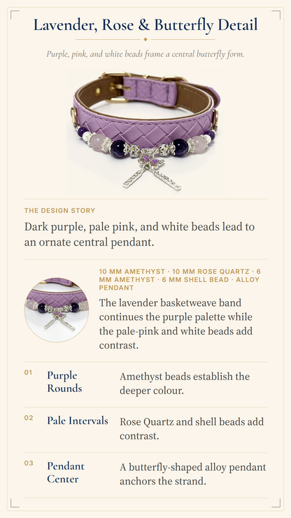 Amethyst & Rose Quartz Crystal Pet Collar – Lavender Woven Style | Shell Beads & Charm