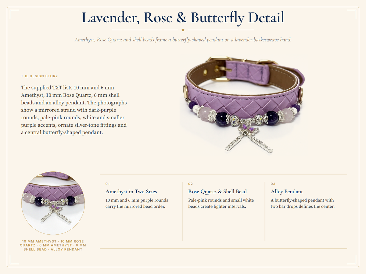 Amethyst & Rose Quartz Crystal Pet Collar – Lavender Woven Style | Shell Beads & Charm