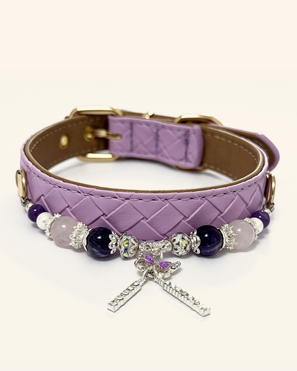 Amethyst & Rose Quartz Crystal Pet Collar – Lavender Woven Style | Shell Beads & Charm