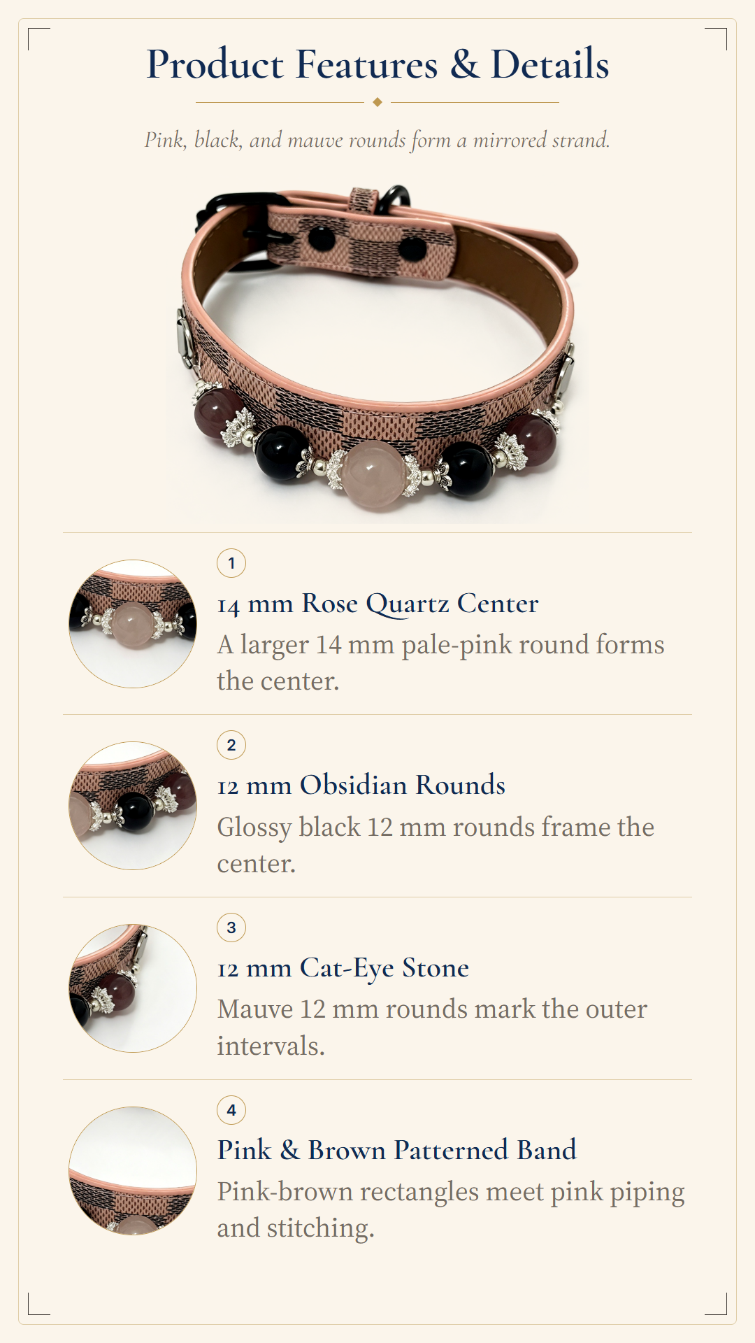 Rose Quartz, Black Obsidian & Cat-Eye Pet Collar – Pink Checkerboard Style
