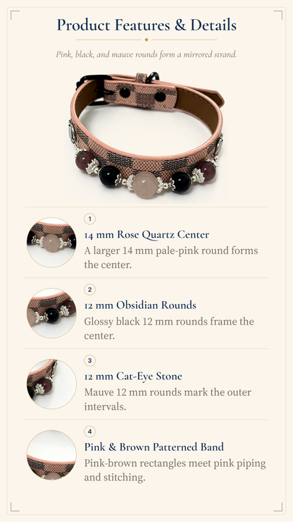 Rose Quartz, Black Obsidian & Cat-Eye Pet Collar – Pink Checkerboard Style