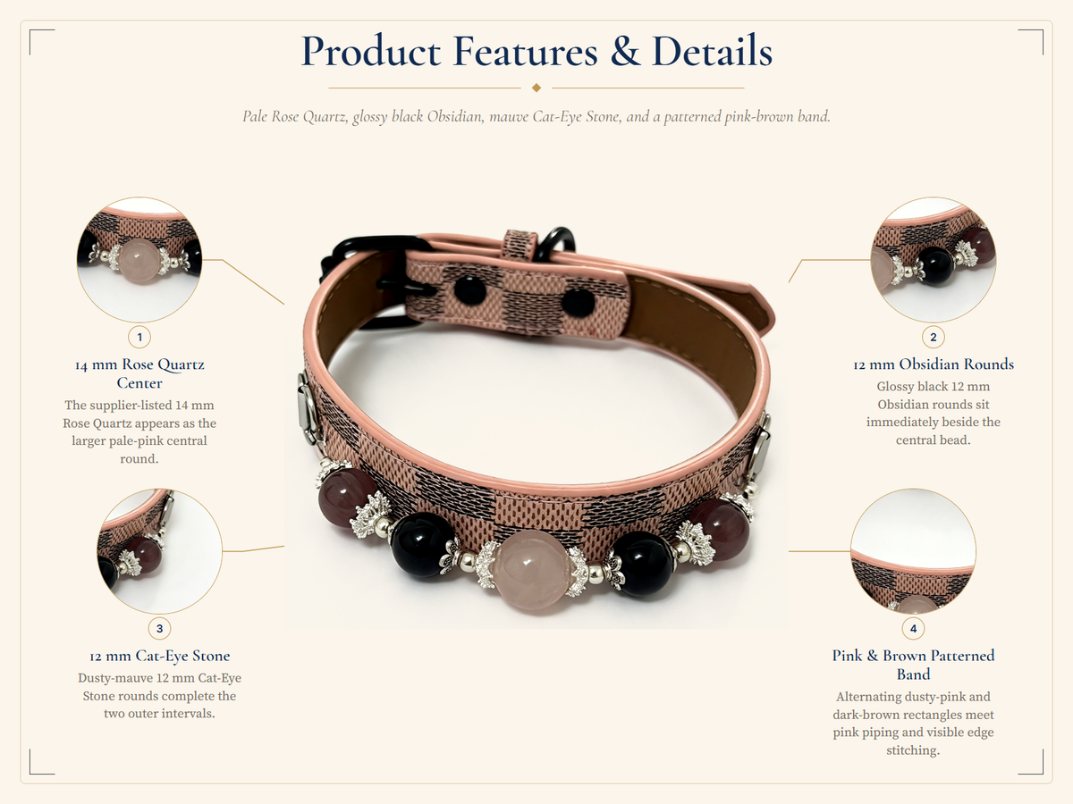 Rose Quartz, Black Obsidian & Cat-Eye Pet Collar – Pink Checkerboard Style