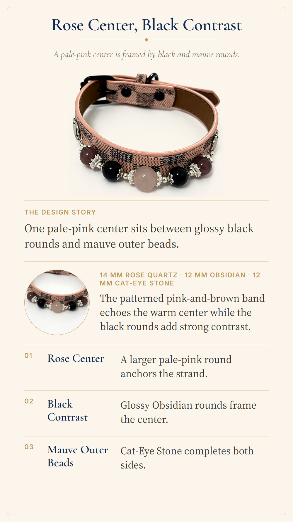 Rose Quartz, Black Obsidian & Cat-Eye Pet Collar – Pink Checkerboard Style