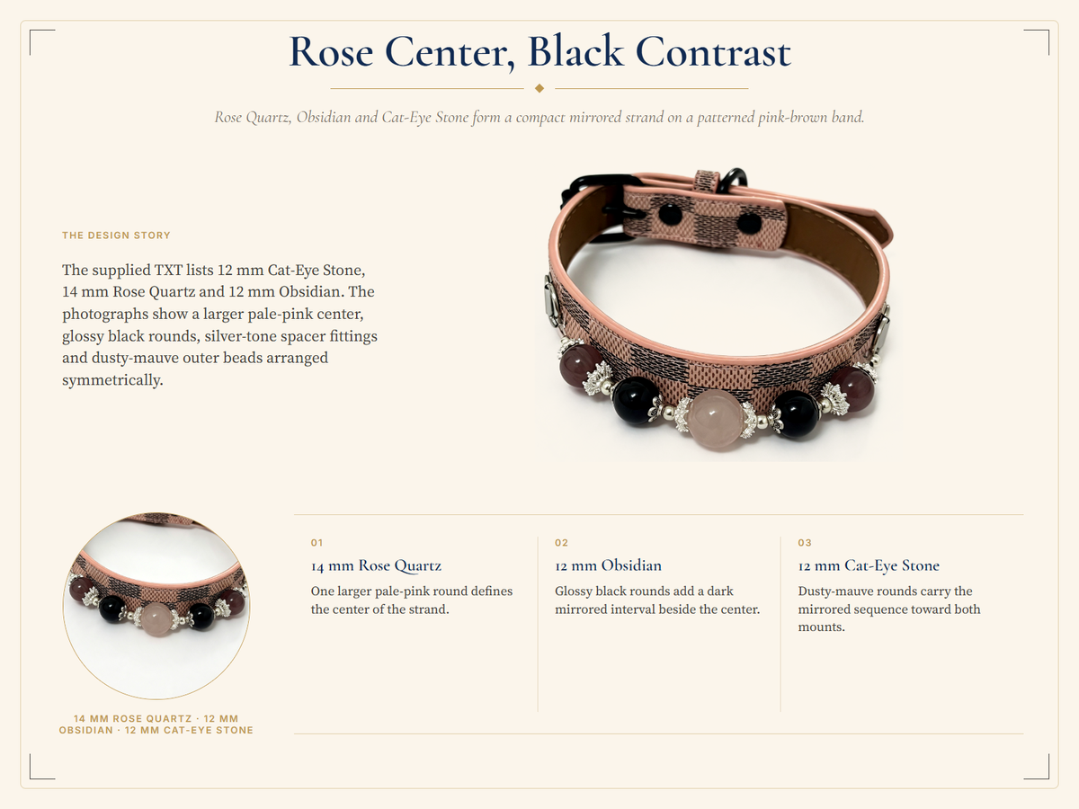Rose Quartz, Black Obsidian & Cat-Eye Pet Collar – Pink Checkerboard Style