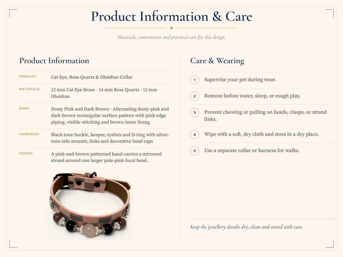 Rose Quartz, Black Obsidian & Cat-Eye Pet Collar – Pink Checkerboard Style