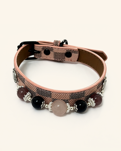 Rose Quartz, Black Obsidian & Cat-Eye Pet Collar – Pink Checkerboard Style