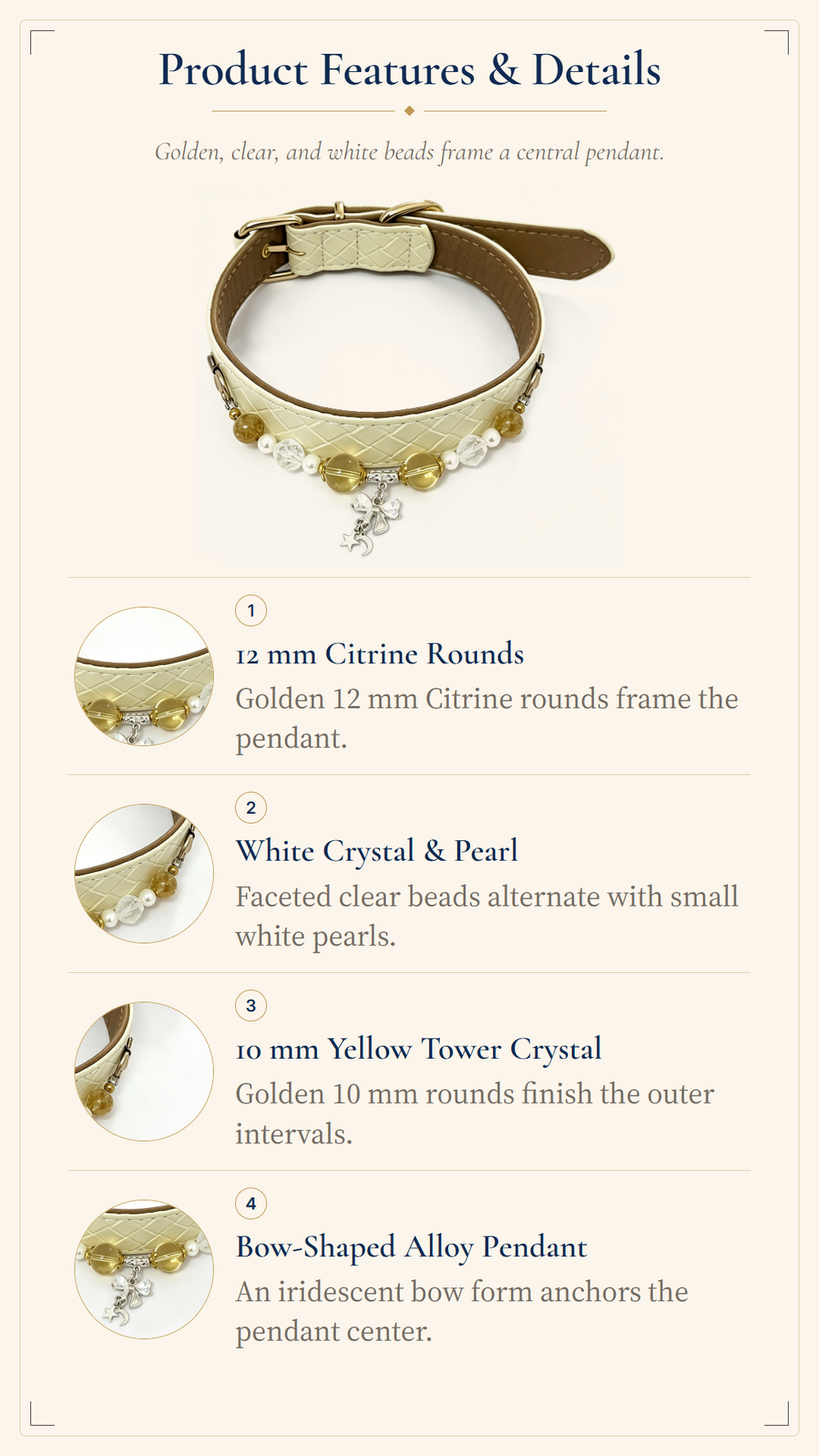 Citrine, Clear Quartz & Pearl Pet Collar – Ivory Quilted Charm Design