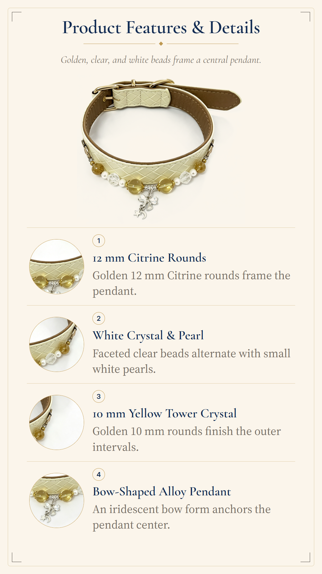 Citrine, Clear Quartz & Pearl Pet Collar – Ivory Quilted Charm Design
