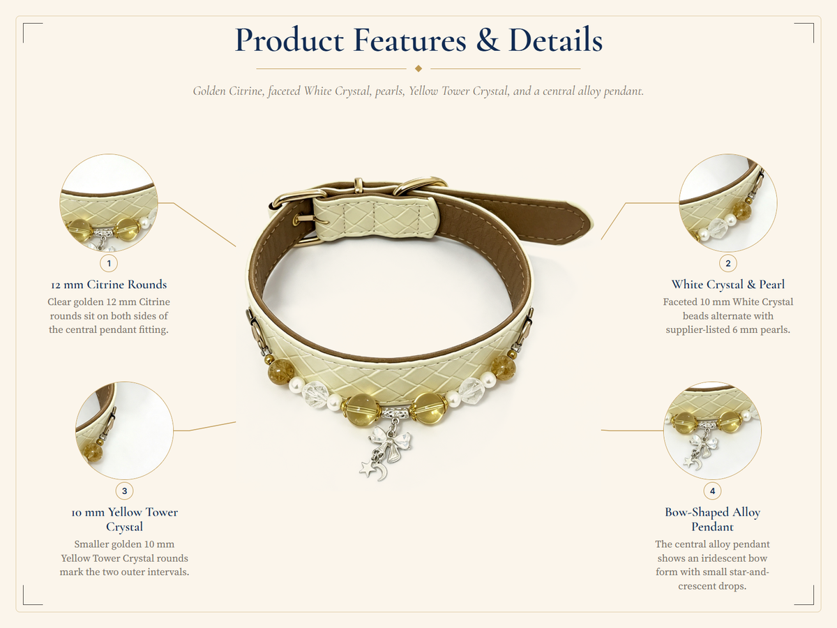 Citrine, Clear Quartz & Pearl Pet Collar – Ivory Quilted Charm Design