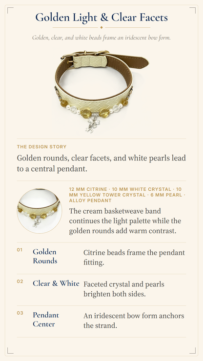 Citrine, Clear Quartz & Pearl Pet Collar – Ivory Quilted Charm Design