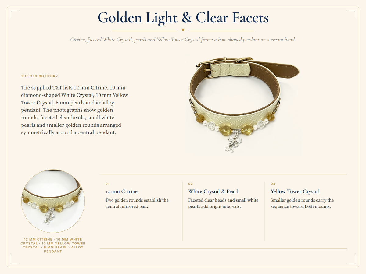 Citrine, Clear Quartz & Pearl Pet Collar – Ivory Quilted Charm Design