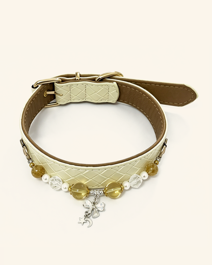 Citrine, Clear Quartz & Pearl Pet Collar – Ivory Quilted Charm Design