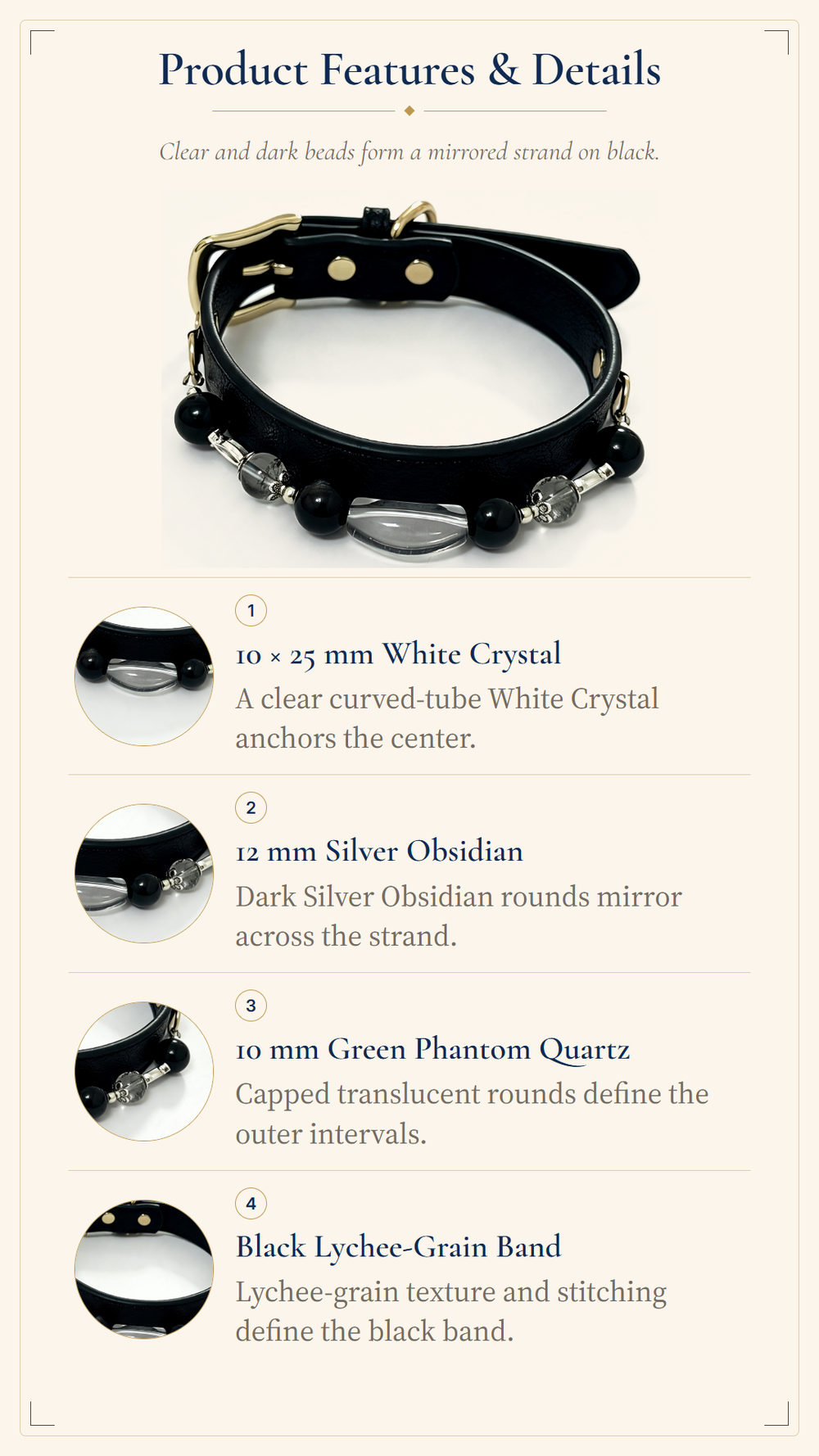 Green Phantom Quartz & Silver Sheen Obsidian Pet Collar – Black Textured Design