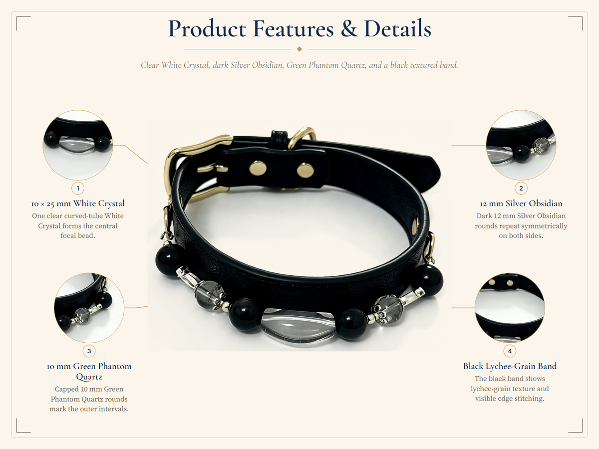 Green Phantom Quartz & Silver Sheen Obsidian Pet Collar – Black Textured Design