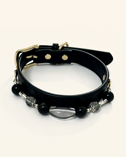 Green Phantom Quartz & Silver Sheen Obsidian Pet Collar – Black Textured Design