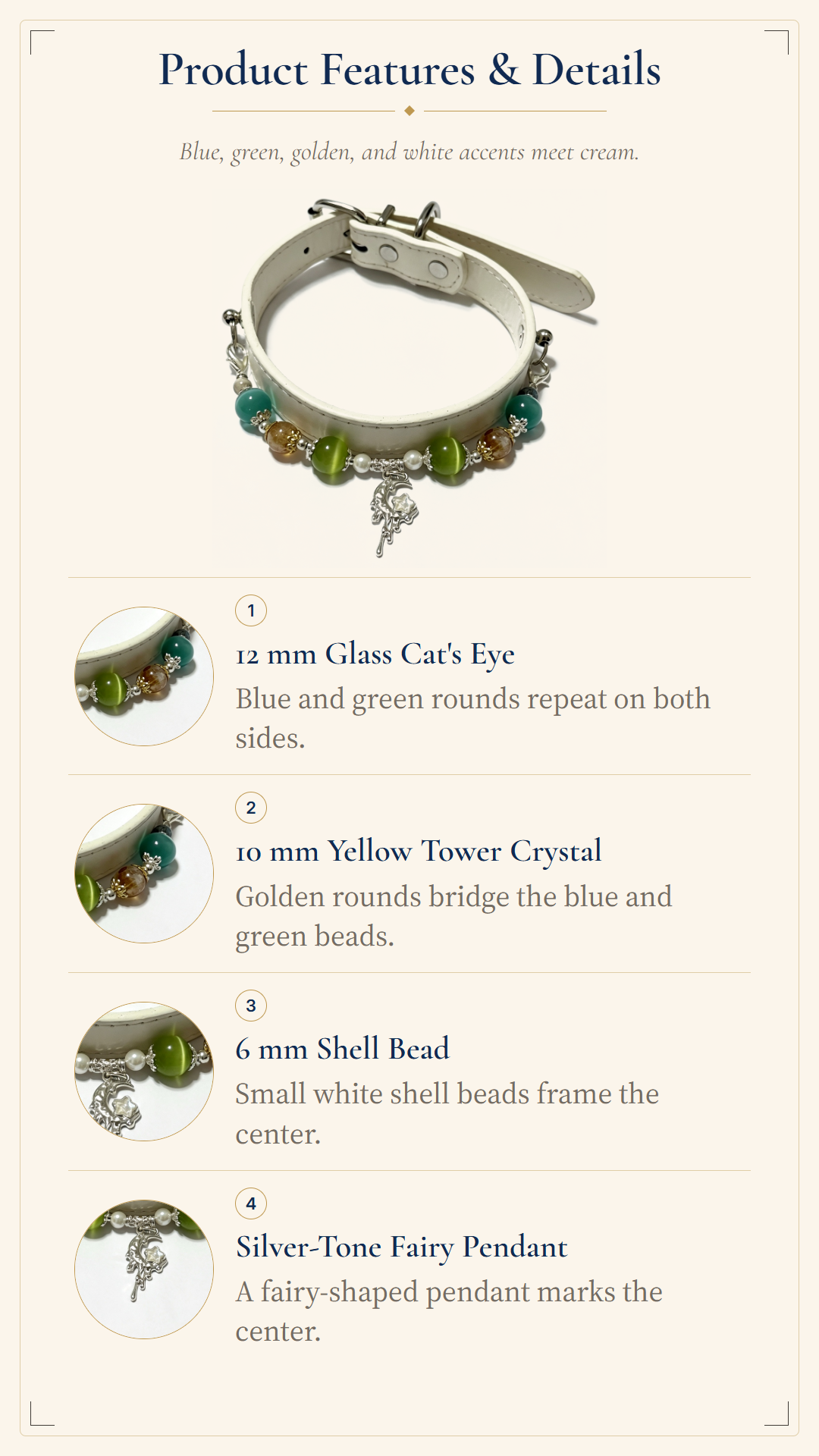 Blue & Green Cat-Eye Glass Pet Collar – Golden-Toned Bead Design