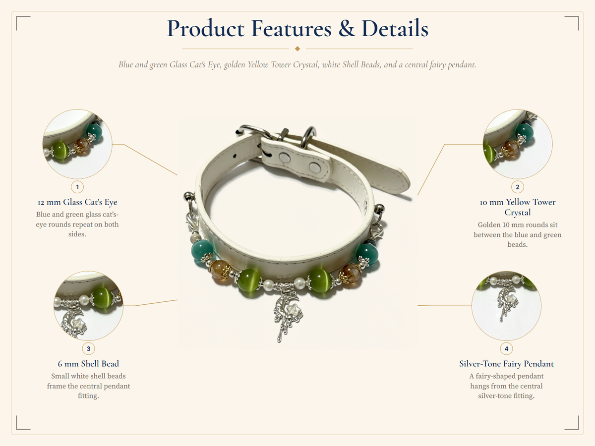 Blue & Green Cat-Eye Glass Pet Collar – Golden-Toned Bead Design