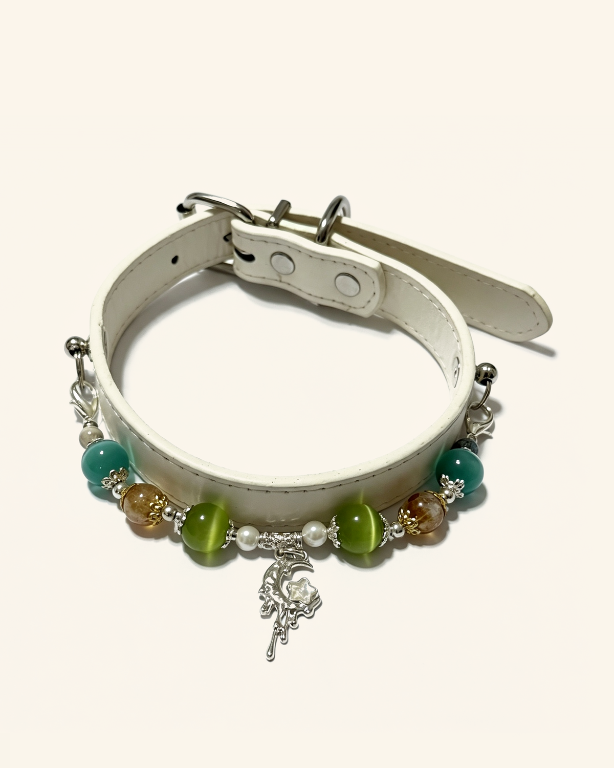 Blue & Green Cat-Eye Glass Pet Collar – Golden-Toned Bead Design