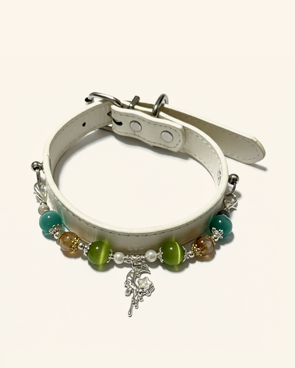 Blue & Green Cat-Eye Glass Pet Collar – Golden-Toned Bead Design