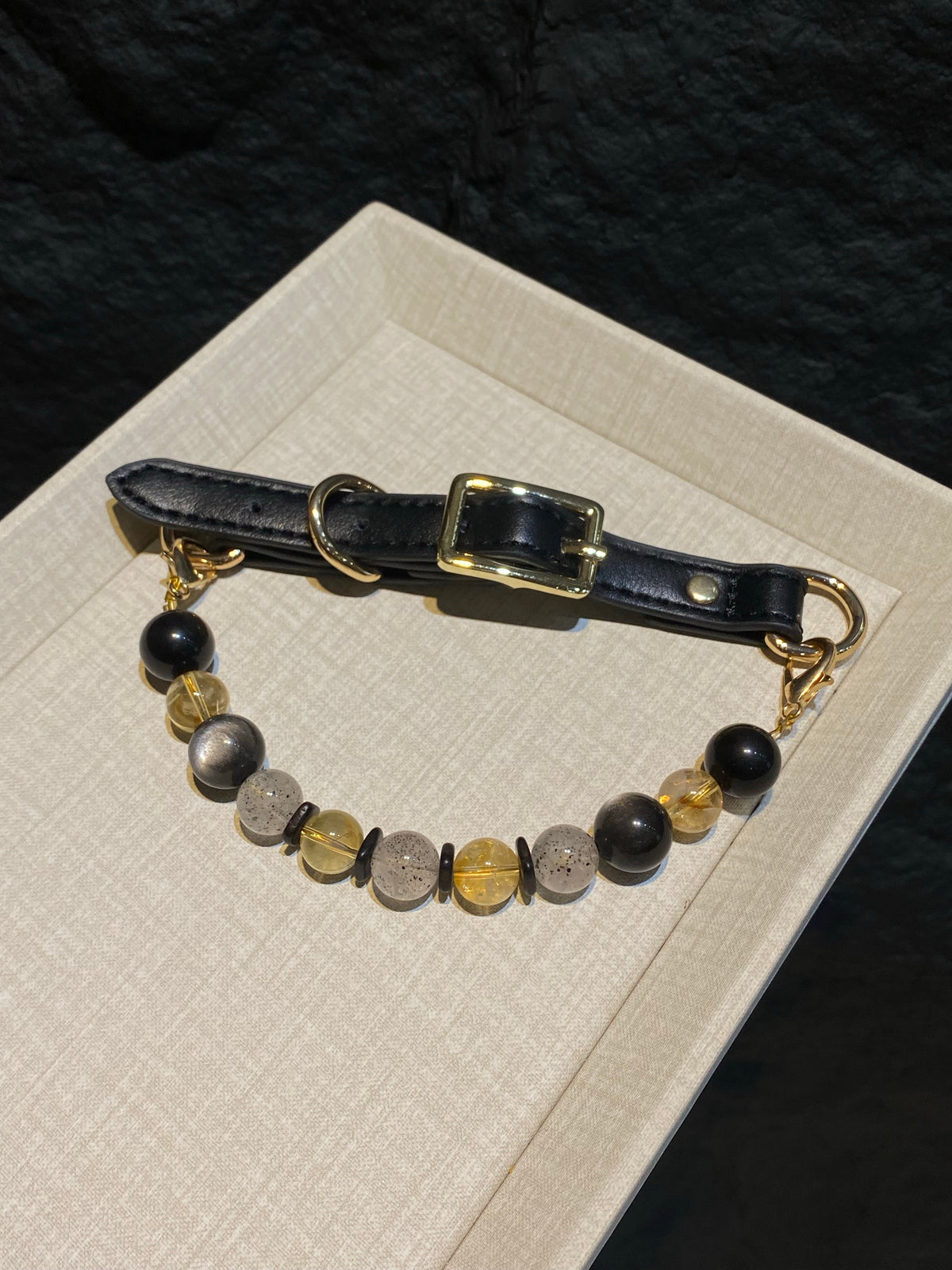 Midnight Gold mixed-bead crystal pet collar with black strap, dark beads and gold-tone hardware
