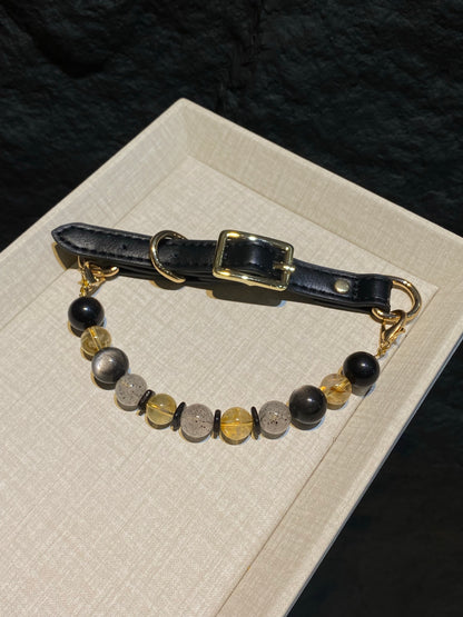 Midnight Gold mixed-bead crystal pet collar with black strap, dark beads and gold-tone hardware