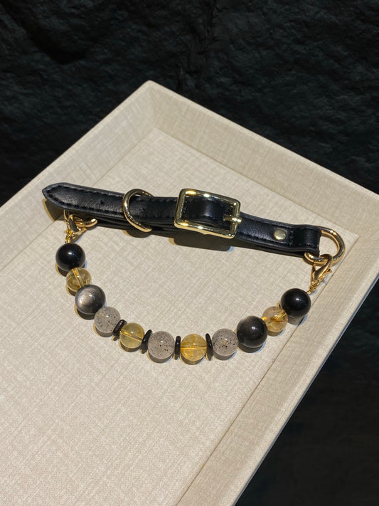 Midnight Gold mixed-bead crystal pet collar with black strap, dark beads and gold-tone hardware