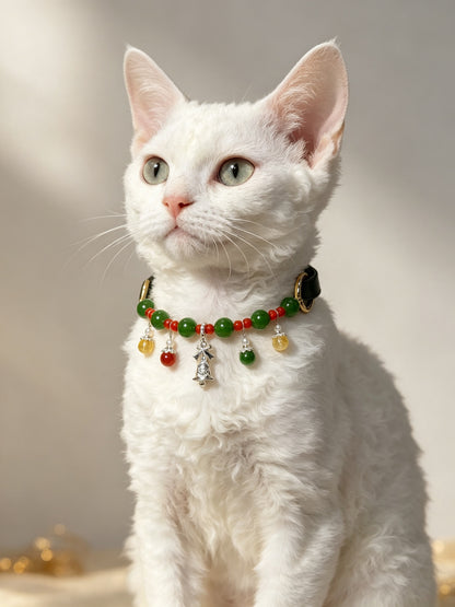 Red & Green Agate Christmas Crystal Pet Collar – Silver Bell