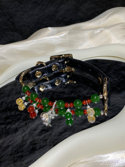 Red & Green Agate Christmas Crystal Pet Collar – Silver Bell