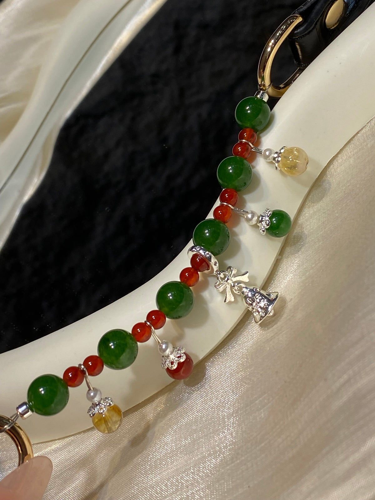 Red & Green Agate Christmas Crystal Pet Collar – Silver Bell