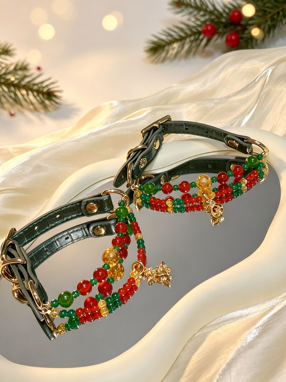 Double-Strand Christmas Crystal Pet Collar – Red & Green Agate